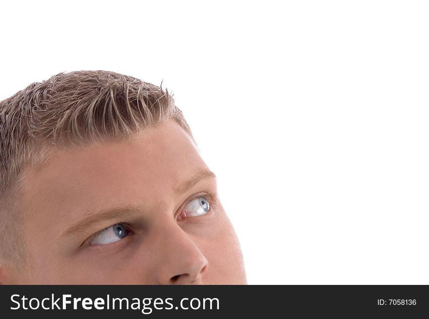 Portrait of male looking upside with white background