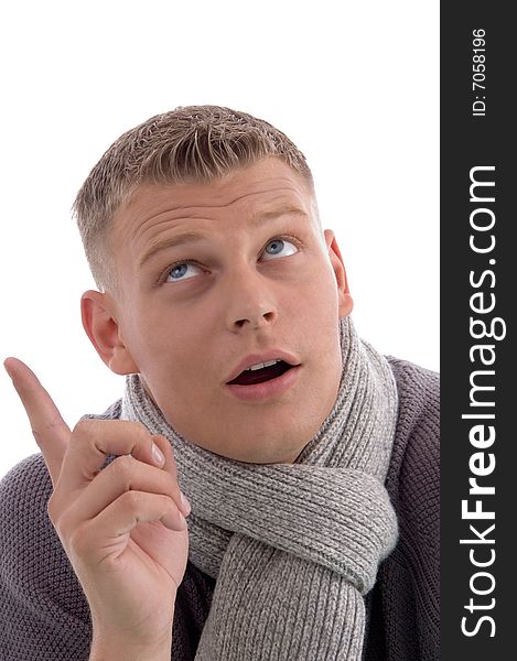 Thinking man looking upward against white background