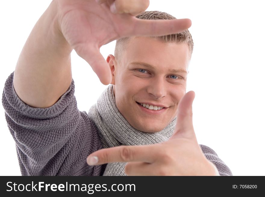 Young male showing directing hand gesture with white background