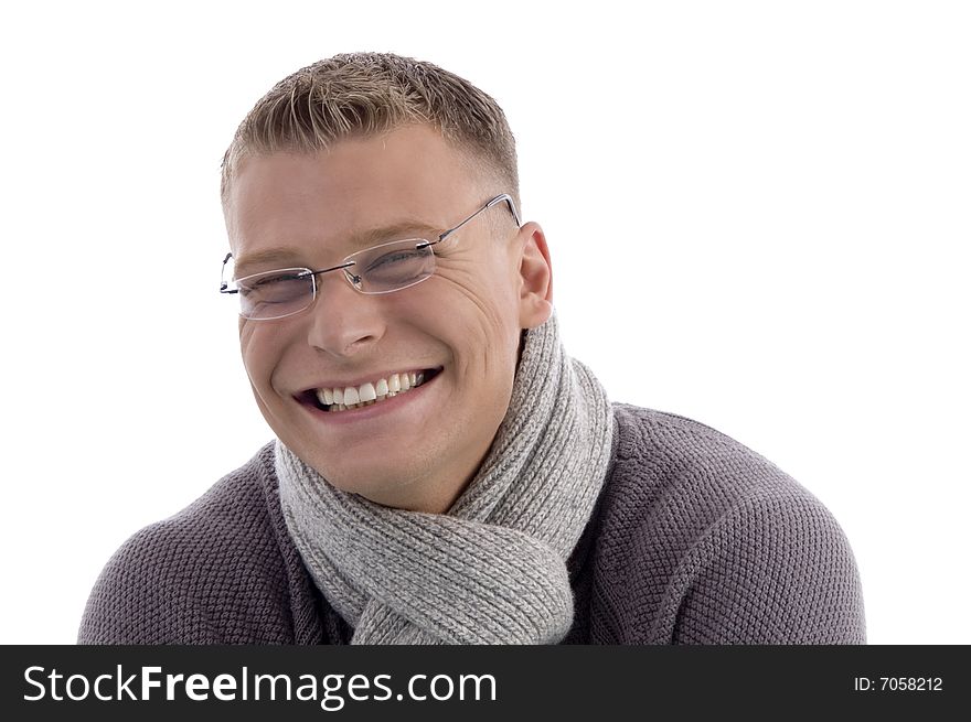 Close up of handsome young man with eyewear on an isolated white background