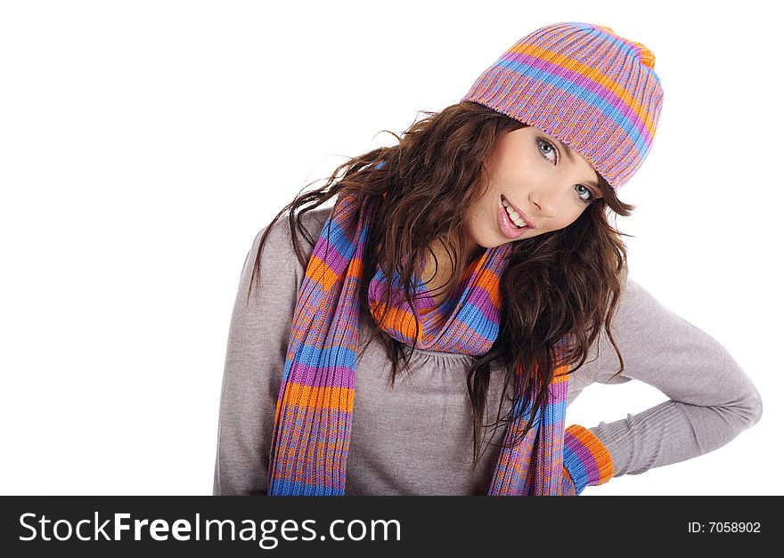 Portrait of winter girl wearing hat and gloves isolated on white background. winter fashion