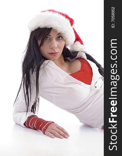 Posing sexy model with christmas hat on an isolated white background