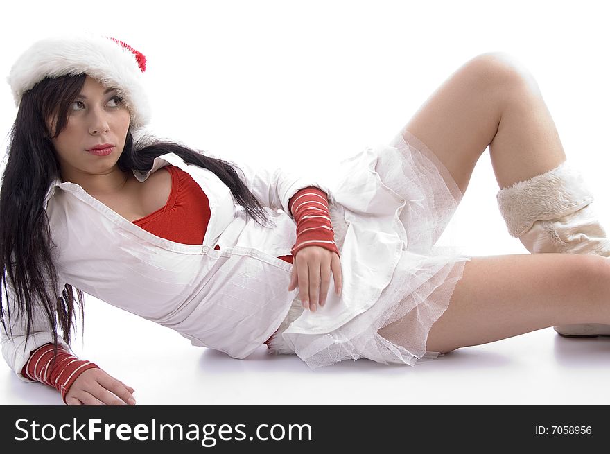 Sexy pose of woman wearing christmas hat with white background