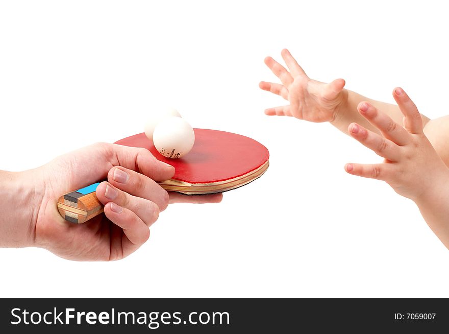 The child plays table tennis isolated on white