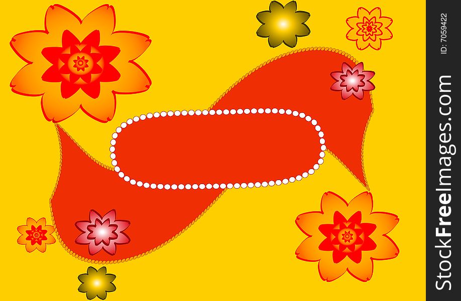 Colorful flowers and Red ribbon over orange paper with the note space. Colorful flowers and Red ribbon over orange paper with the note space.