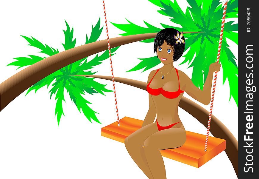 The young girl in a bathing suit on a beach on a background of palm trees and the seas in a vector