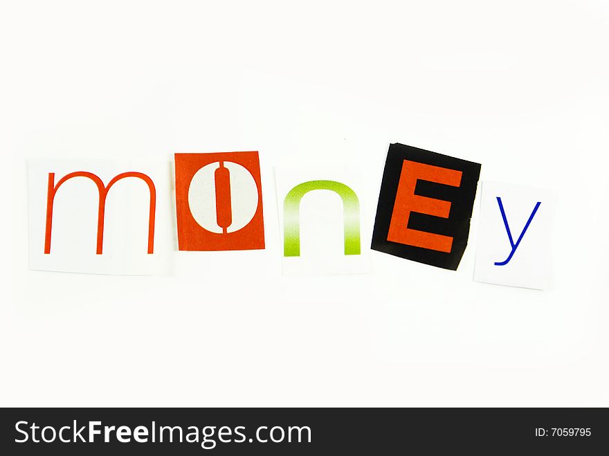The word money written with different fonts and colors