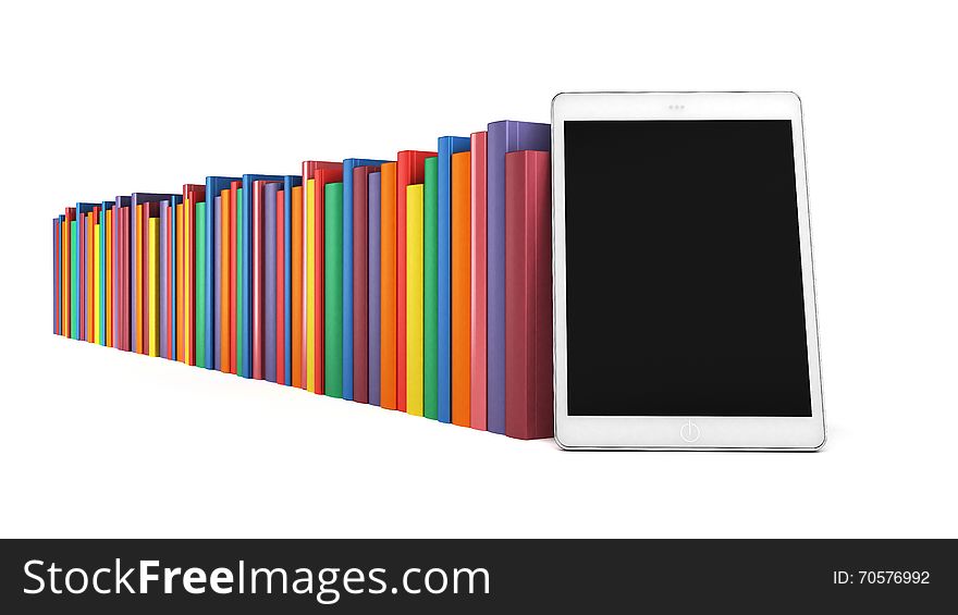 Books In A Row With The Tablet In The Foreground, Isolated On White Background