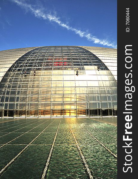 Splendid building and spiderman, modern buildig with blue sky