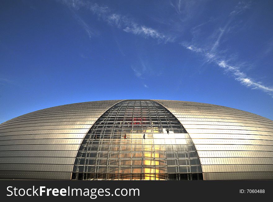 Splendid building and spiderman, modern buildig with blue sky