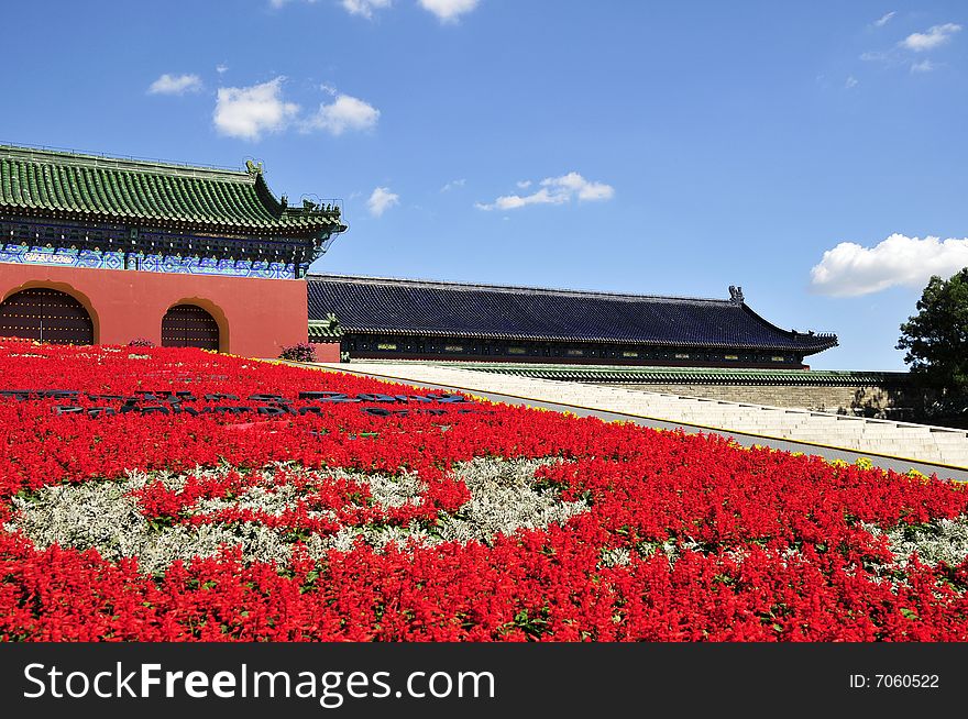 Flower road and chinese ancient buildings, ancient palace. Flower road and chinese ancient buildings, ancient palace