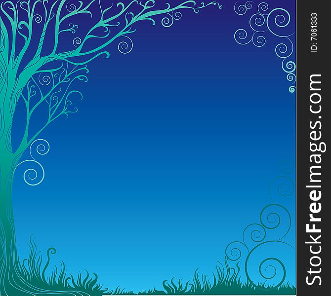 Blue background with decorative tree and curls