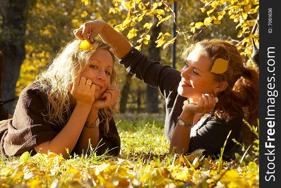 Two beautiful girl in the autumn park. Two beautiful girl in the autumn park