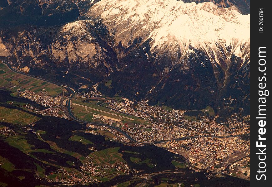 Picture of the Austrian town Innsbruck taken during flight from 35000 feet. Picture of the Austrian town Innsbruck taken during flight from 35000 feet