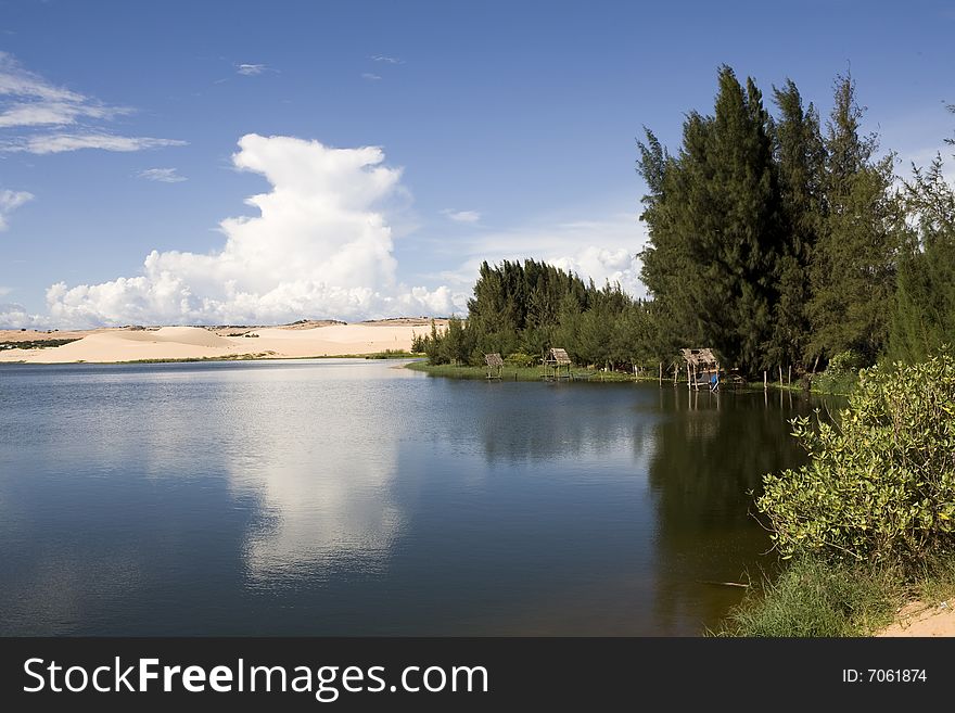 Beautiful lake and white sand dunes at sunny day