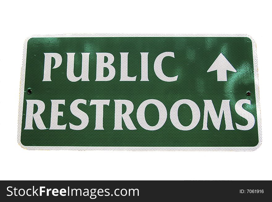 Green public restrooms sign on white background