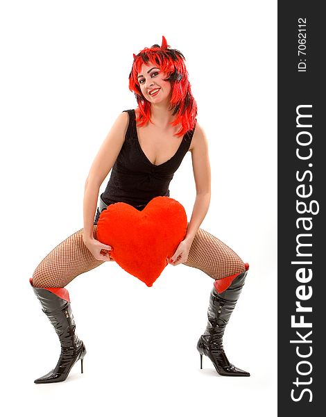 devil woman and red heart isolated on the white background. devil woman and red heart isolated on the white background