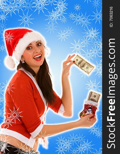 Happy santa woman with money