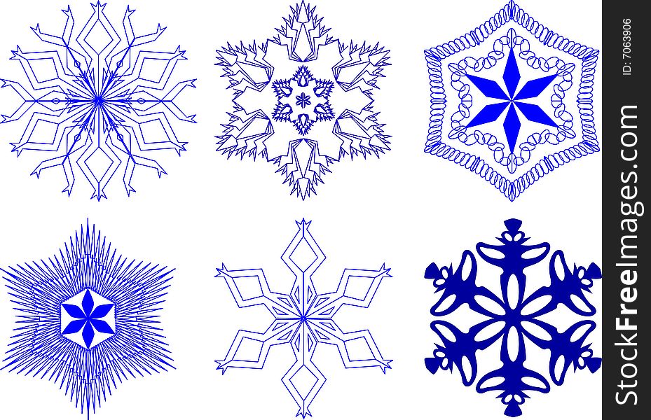 6 beautiful cold crystal snowflakes - vector illustration. Fully editable, easy color change. 6 beautiful cold crystal snowflakes - vector illustration. Fully editable, easy color change.