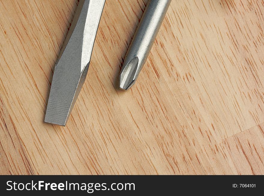 Pair of Screwdrivers on a Wood Background