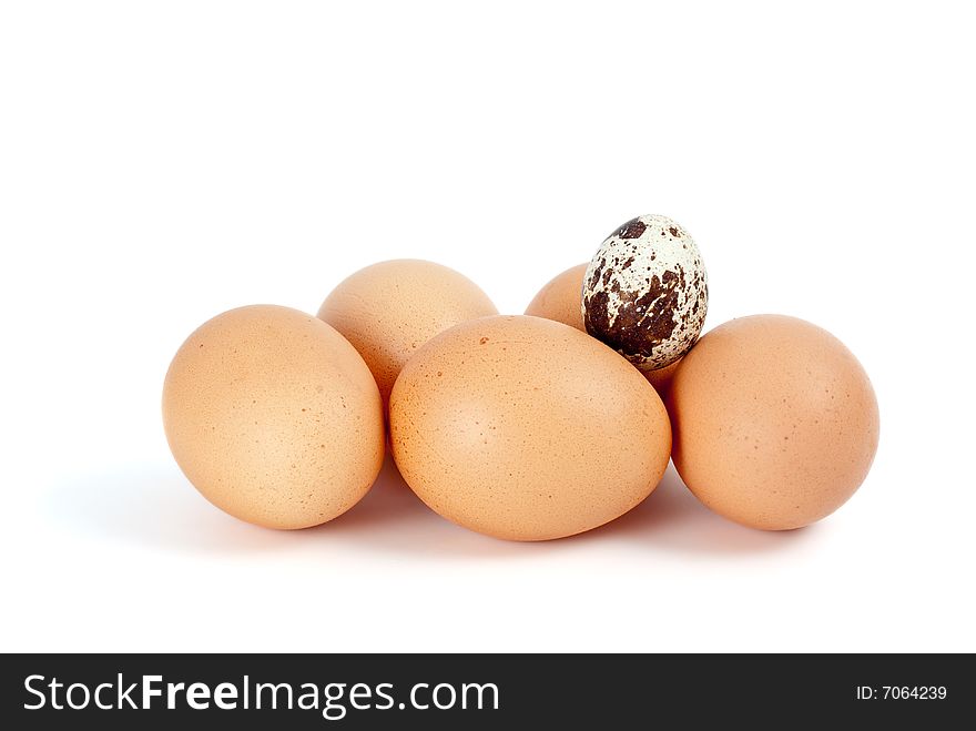 Some chicken eggs and one quail egg isolated on the white background