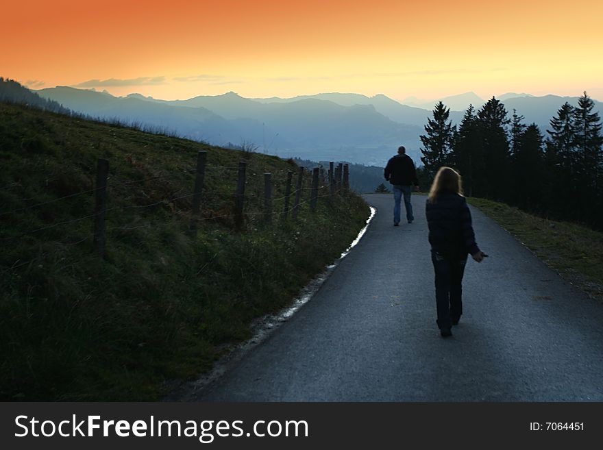 Hiking by the sunset Alps in Switzerland. Hiking by the sunset Alps in Switzerland