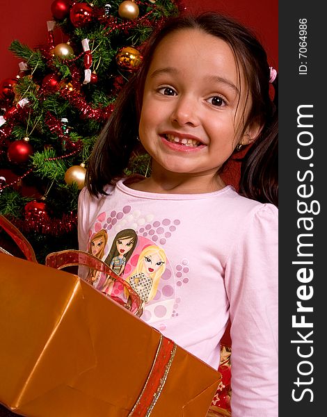 Girl carrying gift in front of a Christmas Tree. Girl carrying gift in front of a Christmas Tree.