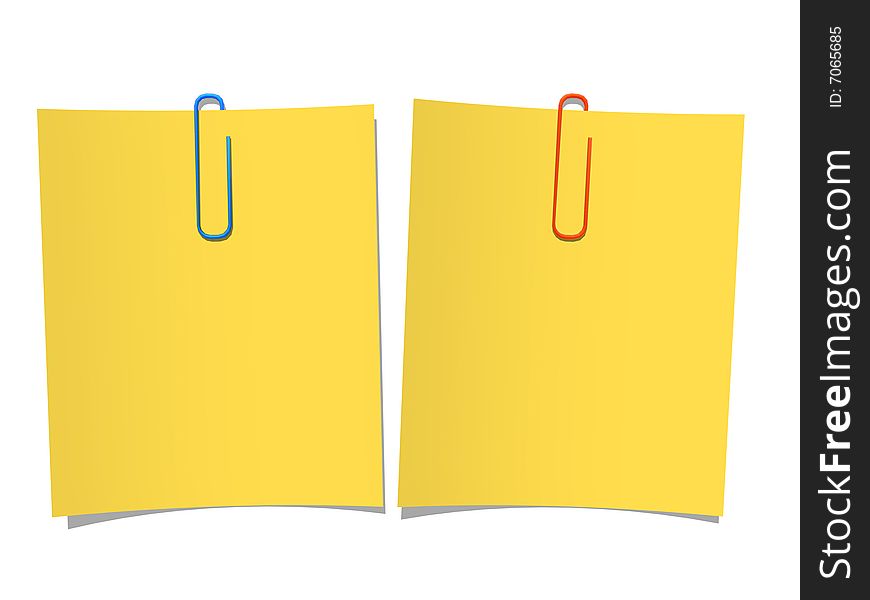 Yellow paper pinned isolated in white background
