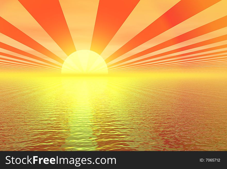 Golden Sunset 3d illustration  in sky background