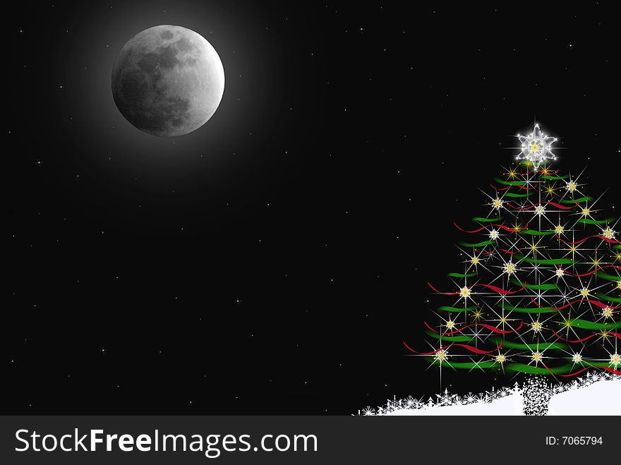 Full moon glowing over a Christmas tree. Full moon glowing over a Christmas tree.