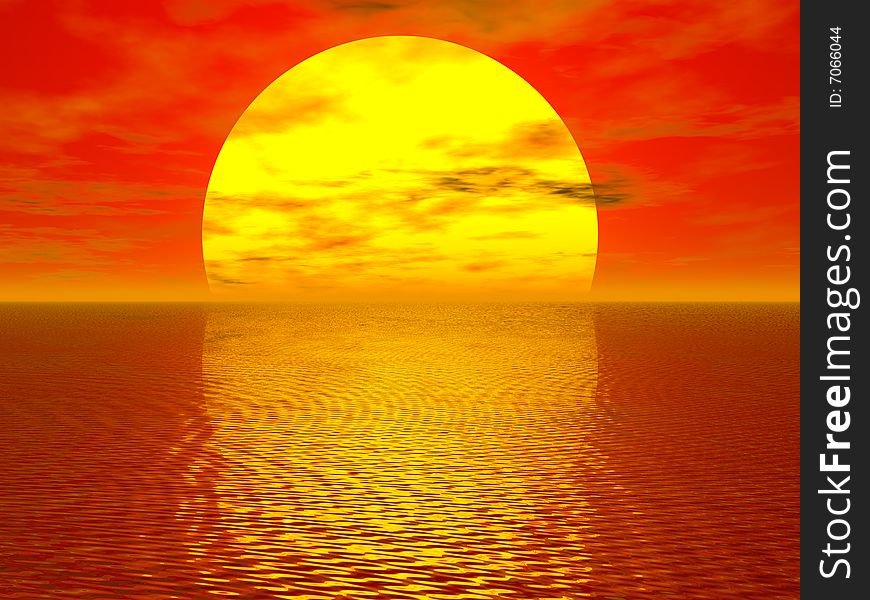 Golden Sunset 3d illustration  in sky background
