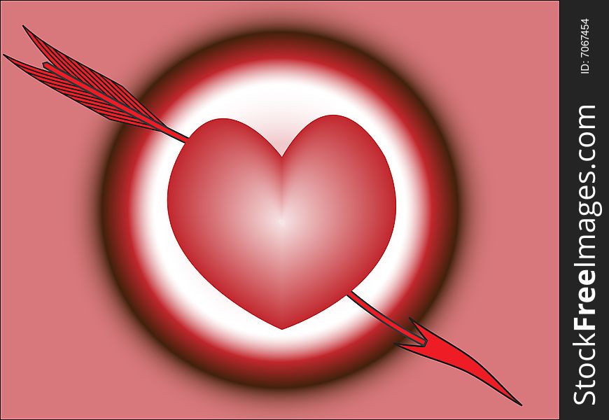 Heart hit by arrow on light red background. Heart hit by arrow on light red background