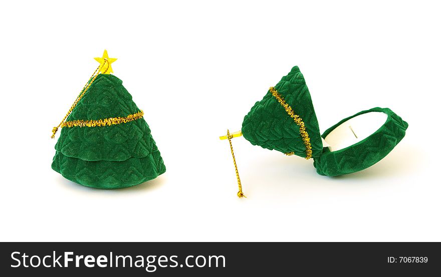 Christmas tree shaped empty jewel box with isolated on white. Christmas tree shaped empty jewel box with isolated on white