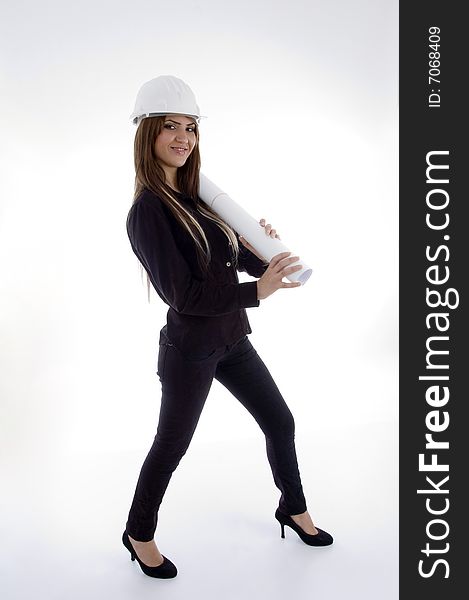 Stylist female architect standing with blue prints on an isolated white background
