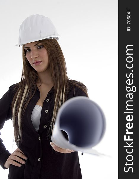 Stylist female architect standing with blue prints on an isolated white background