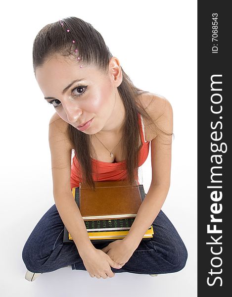 High angle view of student with books on an isolated background