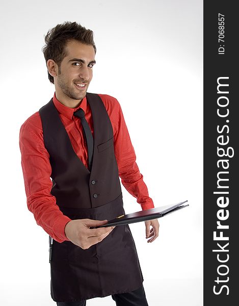 Happy man holding bill folder on an isolated background