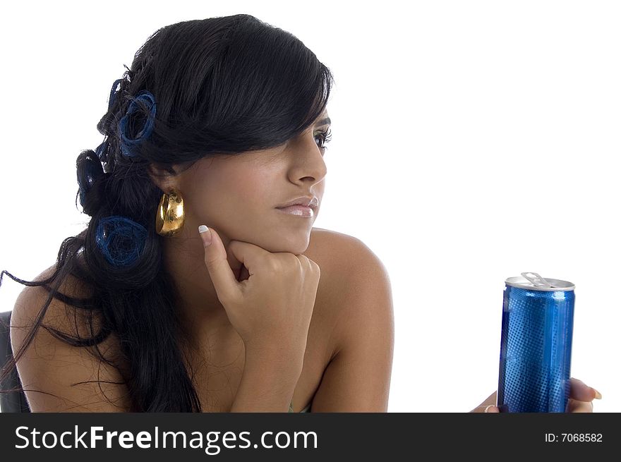 Side view of girl with can on an isolated white background