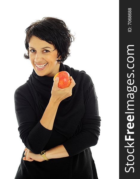 Woman with apple over white background