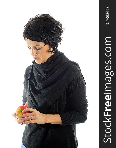 Woman with apple over white background