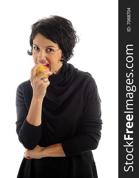 Woman with apple over white background