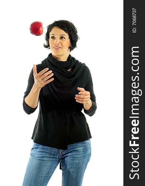 Woman with apple over white background