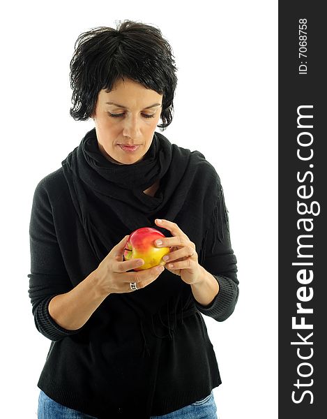 Woman with apple over white background