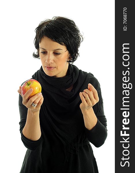 Woman with apple over white background