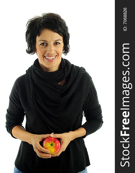 Woman with apple over white background