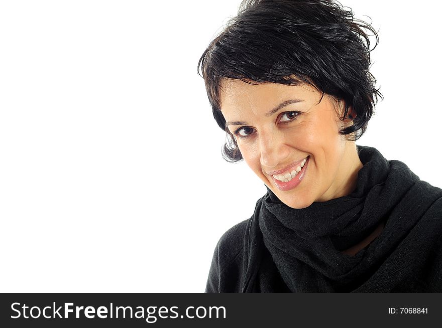 Woman smiling over white background