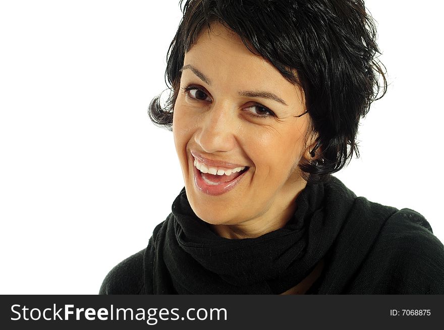 Woman smiling over white background