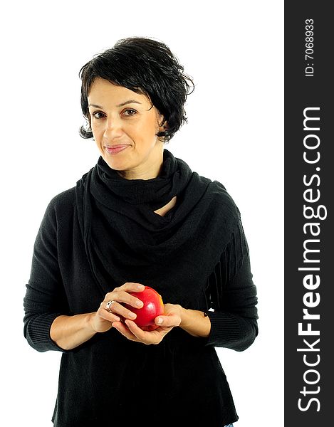 Woman with apple over white background