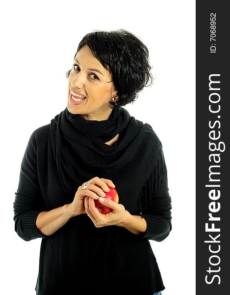 Woman with apple over white background