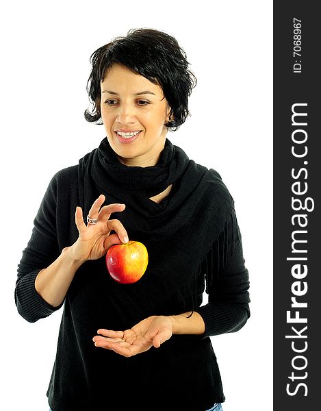 Woman with apple over white background